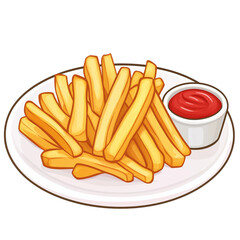 Crispy French Fries Serving on White Plate, Accompanied by Small Bowl of Ketchup, Illustrating Fast Food Culture and Casual Dining