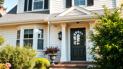 Fototapeta premium Dream Suburban House: Classic Architecture, Landscaped Garden, and Inviting Entrance. Discover the perfect blend of comfort and style in this beautiful home exterior.
