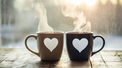 A couple's cup of hot coffee perfectly matches the warm atmosphere of Valentine's Day morning.