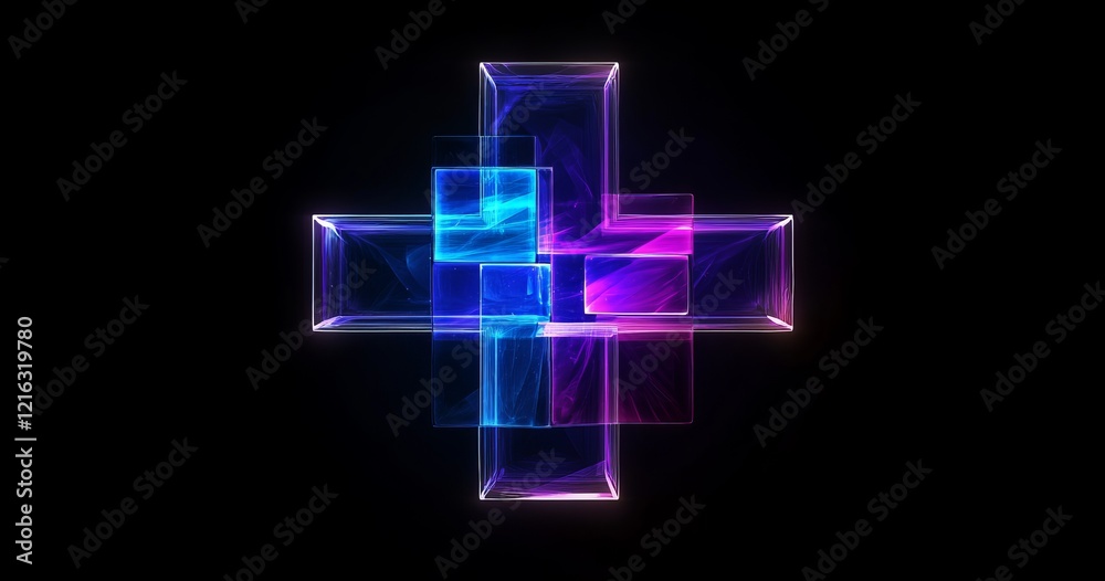 Poster glowing neon cross formed by translucent cubes.