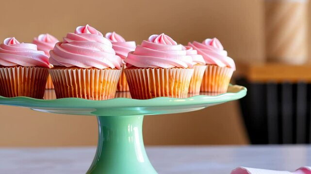 Delicious pink frosted cupcakes displayed on a teal cake stand in a bright and inviting bakery setting