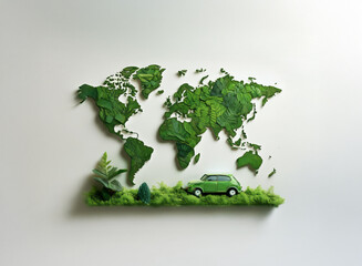 A miniature green car sits on lush grass before a world map crafted from leaves, symbolizing eco-friendly global travel.