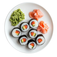 Plate of Salmon Avocado Rolls, Japanese Cuisine, Wasabi and Ginger Garnish, Top View, Emphasizing Freshness and Culinary Art