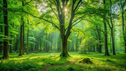 Naklejka premium A lush green forest with a single tree in the foreground surrounded by tall trees and underbrush , forest, nature, forest