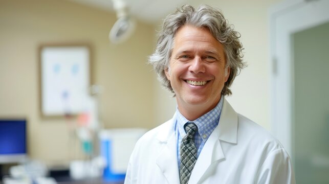 Fototapeta photograph of Portrait of smiling doctor in medical practice on white background telephoto lens realistic daylight cool color