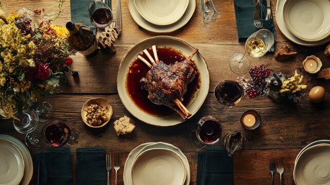 A rustic table featuring a slow-cooked lamb shank,