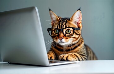 Fototapeta na wymiar Cute tabby cat wears glasses, looks intently at laptop. Pet appears focused on work social media. Humorous anthropomorphism. Domestic animal in modern setting. Home office study scene. Animal