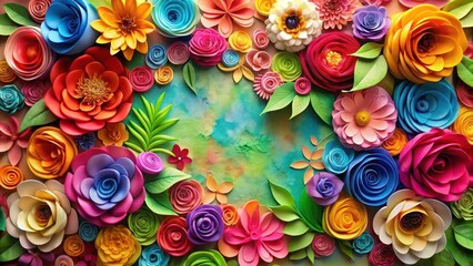 Vibrant floral backdrop of colorful paper roses in a swirling motion, decorative paper, floral arrangement