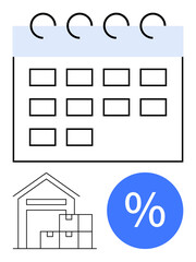 Warehouse outline with stacked boxes under a calendar with bold rings and shading edge, adjacent to a large percentage icon. Ideal for logistics planning, inventory tracking, sales, organization
