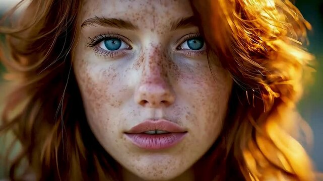a woman with red hair and blue eyes