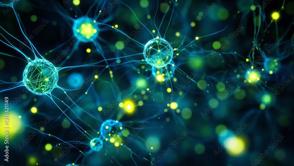Poster microscopic view of interconnected neurons, glowing synapses.