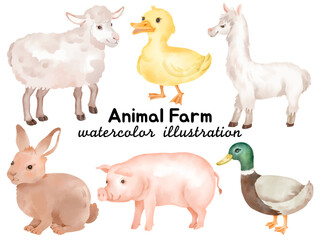 Charming Watercolor Farm Animal Illustrations: Hand-Painted Clip Art Featuring Sheep, Duck, Alpaca, Rabbit, Pig, and Duck for Creative Designs, Crafting, and Farm-Themed Projects