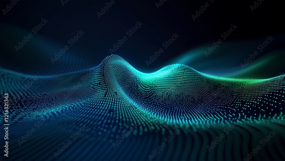 Poster abstract teal and green wave of particles.