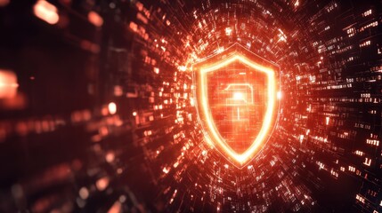 A shield icon glowing in 3D space, surrounded by binary