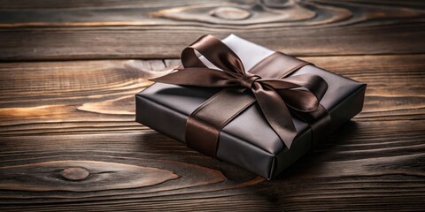 Dark chocolate gift wrapped in black paper with a satin ribbon tied around it on a wooden table, packaging, indulgence