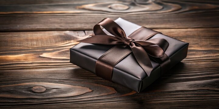 Dark chocolate gift wrapped in black paper with a satin ribbon tied around it on a wooden table, packaging, indulgence