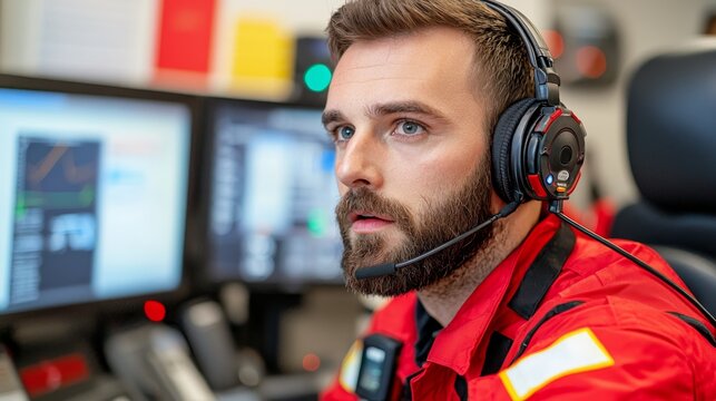 Emergency Dispatcher Monitoring First Responders During Disaster Response Operations in Control Room Setup
