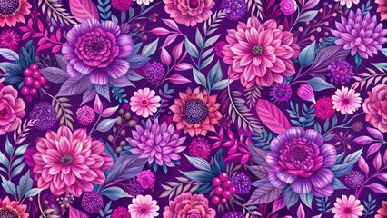 Colorful fuchsia and purple floral pattern on a seamless background