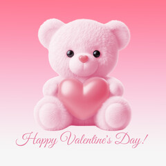 Cute pink teddy bear holding heart in its paws on pink gradient background, Valentine's Day theme