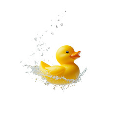 Yellow Rubber Duck Splashing into Water, with Water Droplets, Isolated on White, Expressing Playful Energy Transparent Background. Remove Background
