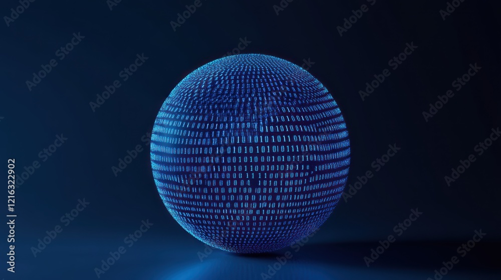 Poster spherical visualization of blue binary code creating depth.