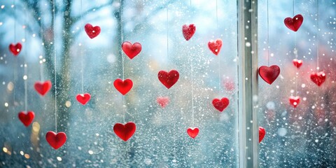 Red Valentine hearts falling on transparent glass window background with subtle snowfall and frosty texture, romantic