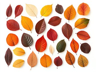 Fototapeta premium Colorful autumn leaves arranged on a white background.