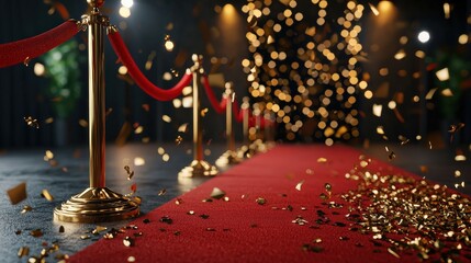 Red carpet with falling golden confetti. Award ceremony, celebration background.