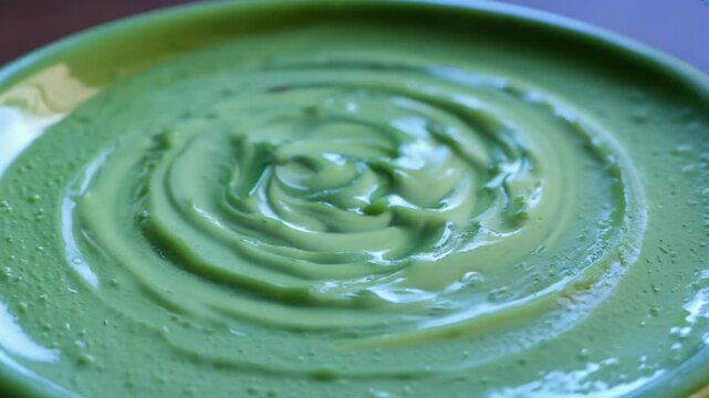 Dolly out side light video, close-up of a swirling green avocado and spinach smoothie in a clear bowl, creamy texture and vibrant color