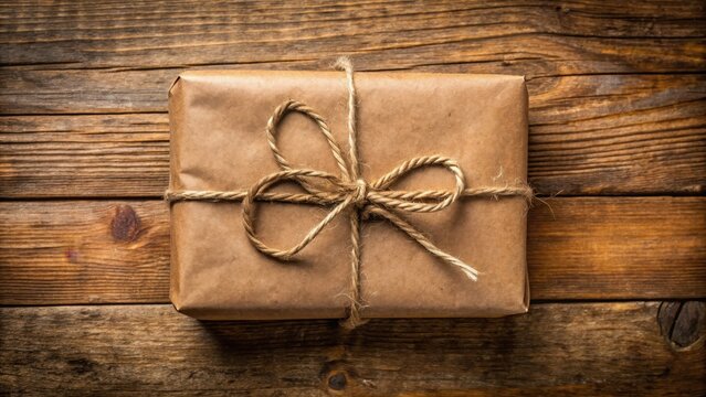 Old rustic brown paper parcel wrapped with twine and ribbon tied in a knot, wrapping, package,  wrapping, package, aged