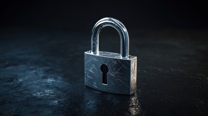 Fototapeta premium close up image of metallic padlock on dark surface, symbolizing security and protection. shiny surface reflects light, enhancing its visual appeal