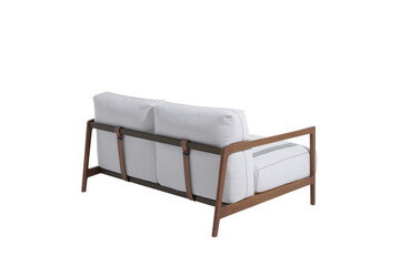 A sofa in a minimalist design with wooden legs + clipping path. The sofa is isolated on a White background.