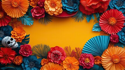 Festive Day of the Dead decorations with colorful fans, paper flowers, a sombrero, and playful skeleton themes arranged playfully on a vibrant yellow background
