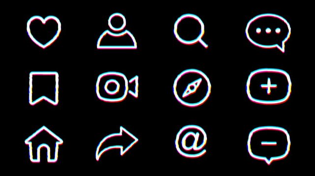 Set of user interface icons animated in glitch style. Black background