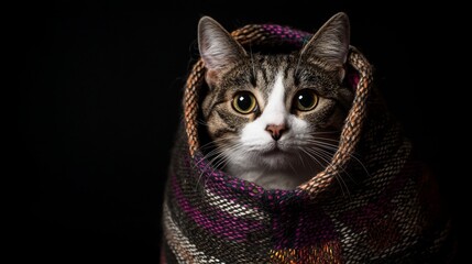 Adorable Tabby Cat Cozy in Warm Knit Blanket Pet Portrait Photography