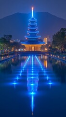 Illuminated Asian Pagoda in Tranquil Water Reflection with Mountain Backdrop at Twilight