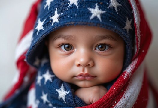 Cute Latino baby wrapped in an American flag, symbolizing birthright citizenship in the United States.