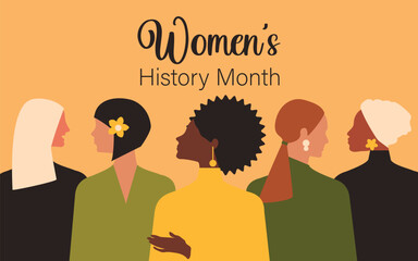 Women's History Month. Women of different nationalities for equal rights. Vector