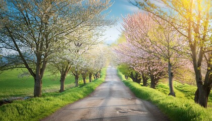 Obraz premium Scenic Spring Road – Tree-Lined Path with Fresh Green Foliage and Blooming Countryside Landscape