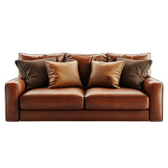 Modern brown leather sofa with cushions isolated on white background 