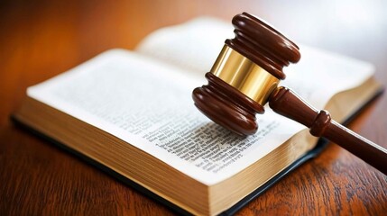 Obraz premium Gavel on Open Law Book Justice Law Legal Court Verdict Judgment Constitution Legal System Tribunal