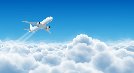 Fototapeta premium Plane flies in blue sky above clouds, leaving trail behind it. Illustration, vector template for webpage header 