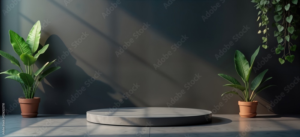 Poster empty grey platform stands in studio room. sunlit plants sit near grey wall. modern design. simple i