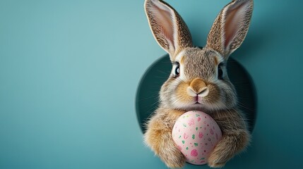 Fototapeta premium Festive Easter idea snapshot from a top view charming hare ears protruding from an oval aperture, the cover featuring Happy Easter on a pastel blue background, with space for custom greetings