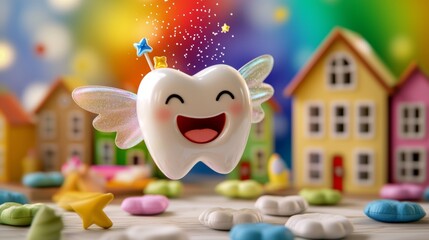 Fototapeta premium Joyful Tooth Fairy Character Flying Over Colorful Toy Houses