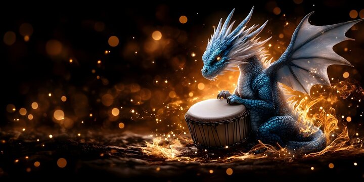 A blue dragon with spiky white features plays a drum against a fiery, sparkling backdrop. Concept Fantasy Creature Design, Colorful Artwork, Magical Landscapes, Dynamic Action Scene