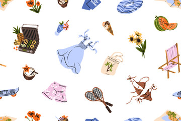 Repeatable pattern of summer holiday items. Endless background with tourists' stuff, beach accessories. Things for travel to sea resort: bikini, chaise lounge. Flat seamless vector illustration
