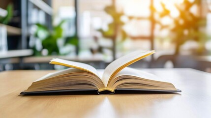 Fototapeta premium Open Book on Wooden Table in Bright Cafe Setting Reading Knowledge Education
