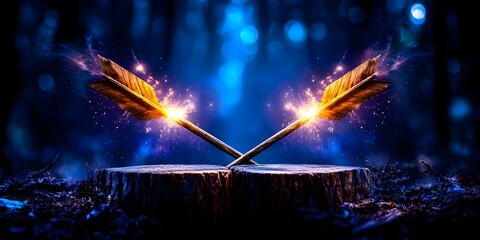 Two glowing arrows collide above a wooden stump in a dark, mystical forest setting, surrounded by blue lights and sparks. Concept Magical Forest, Glowing Arrows, Mystical Setting, Wood Stump