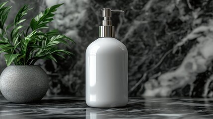 Elegant White Bottle on Marble Surface with Green Leaf Accent
